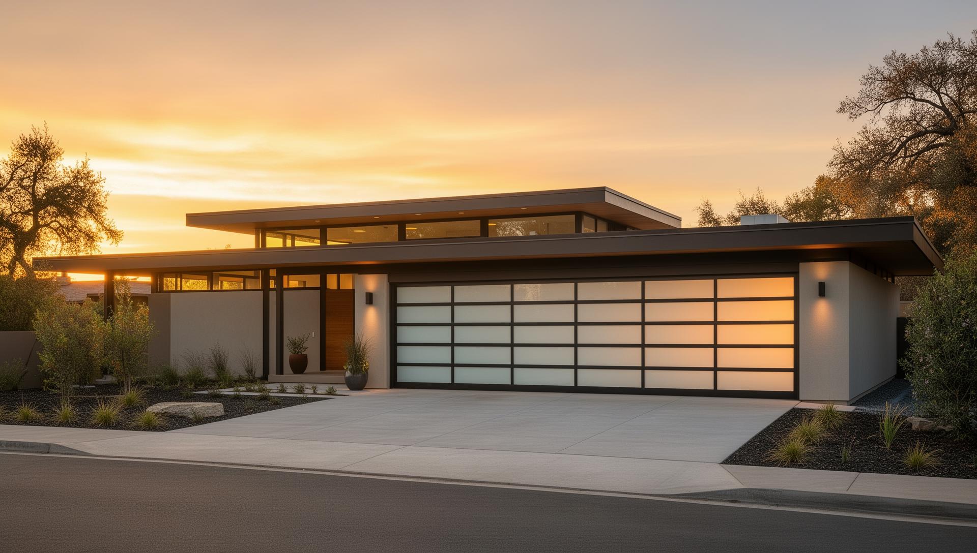 Modern sleek steel garage door with frosted glass panels on mid-century home at sunset