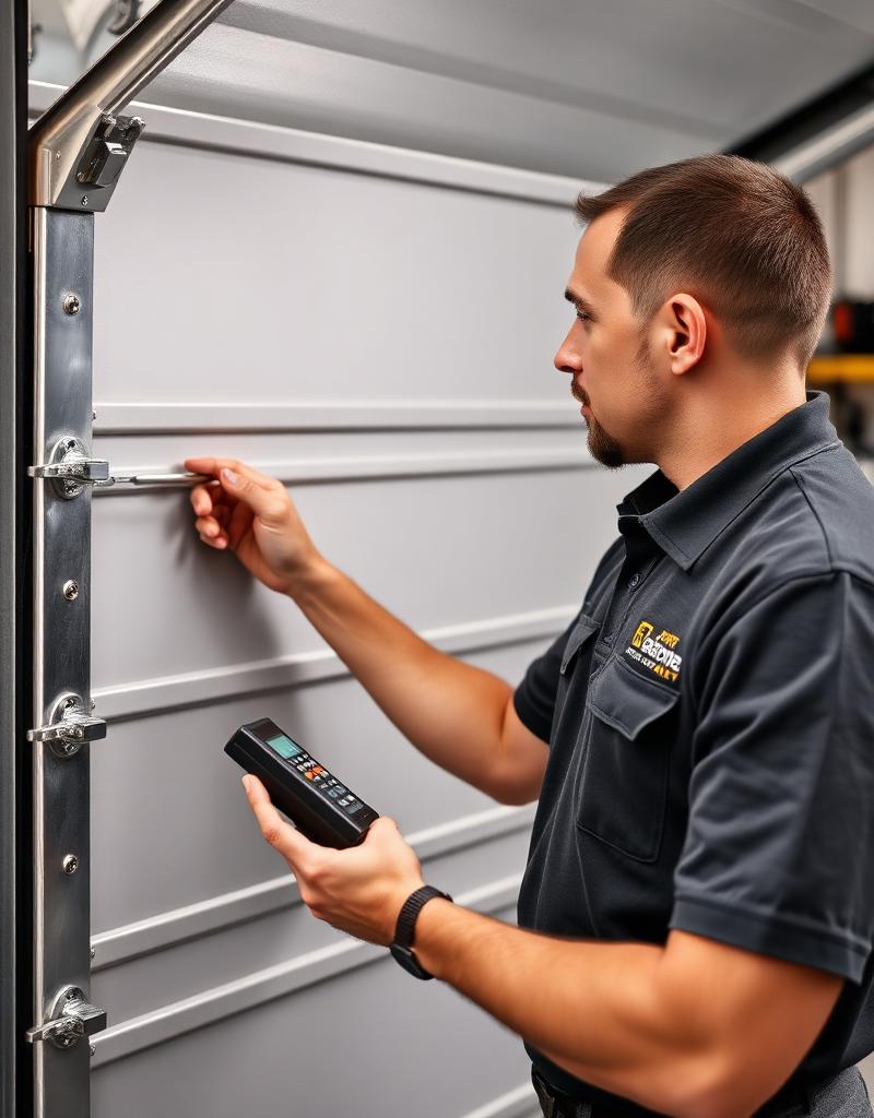 Professional garage door technician testing safety features